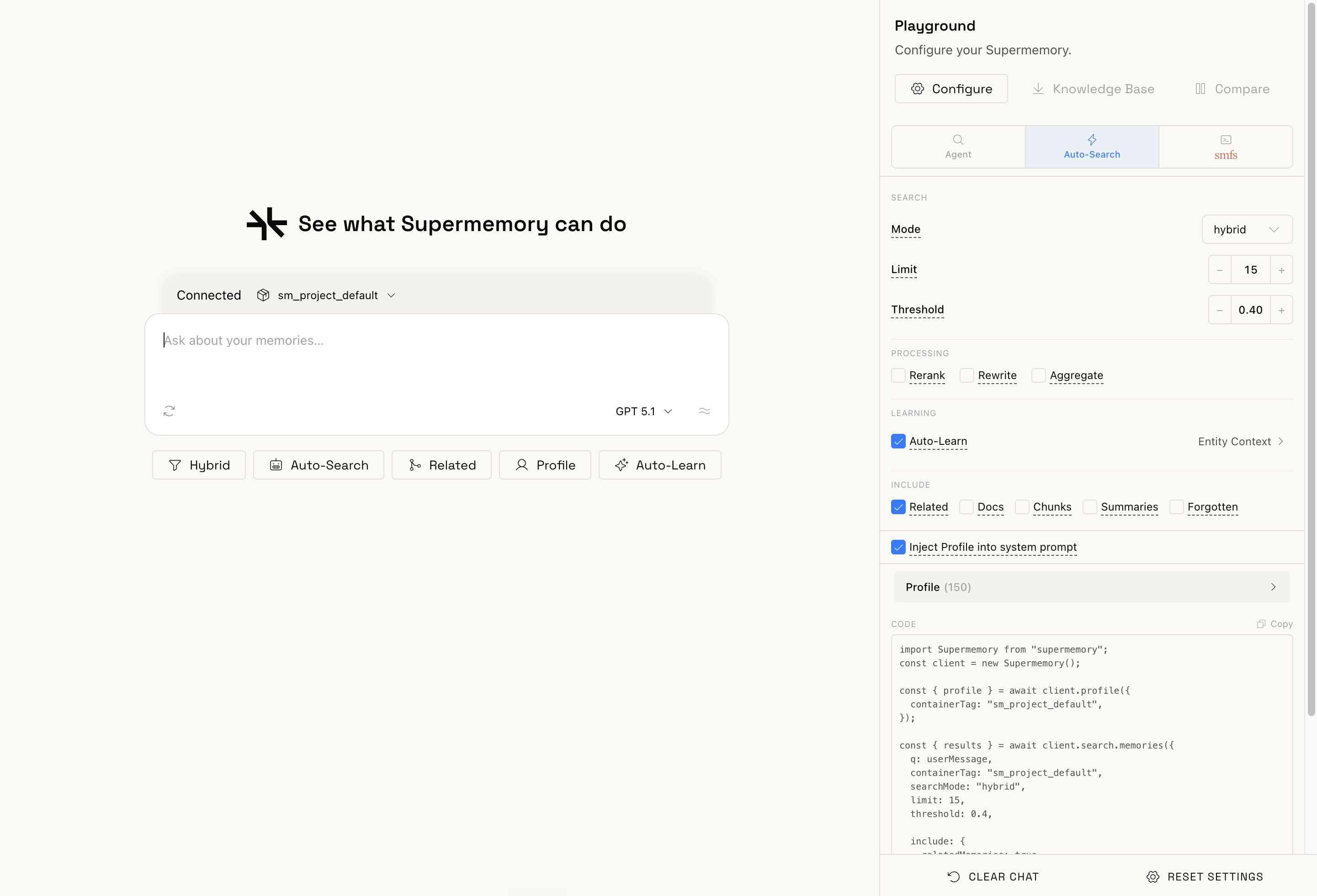 The supermemory playground, with every strategy in this post as a toggle